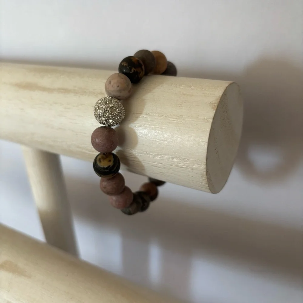 Handmade Matte Rhodonite Beaded Stretch Bracelet with Rhinestone Centerpiece